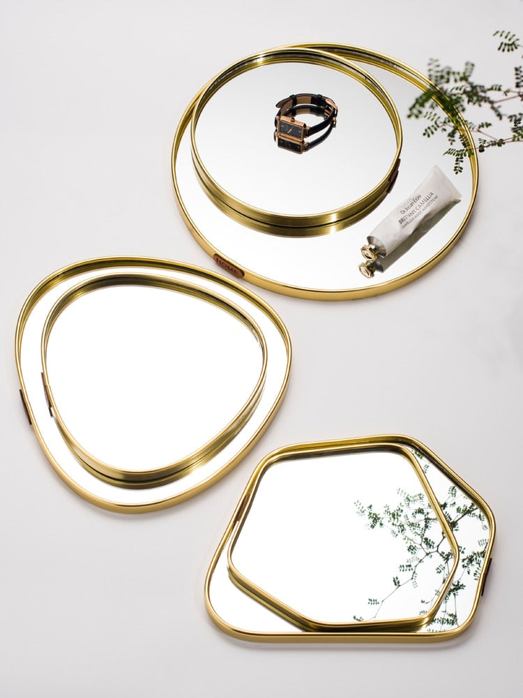 Additional view of the gold frame contour mirror tray.