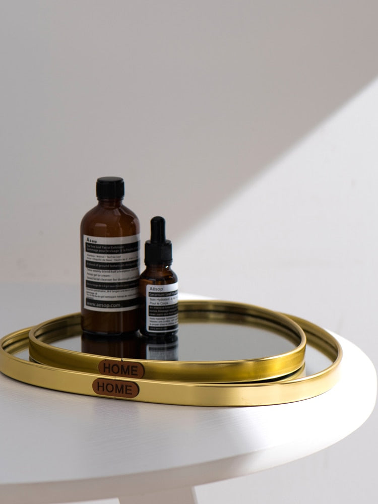 Additional view of the gold frame contour mirror tray.